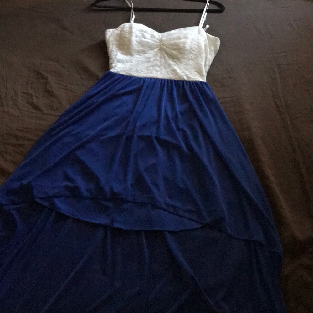 B darlin long blue and white lace dress